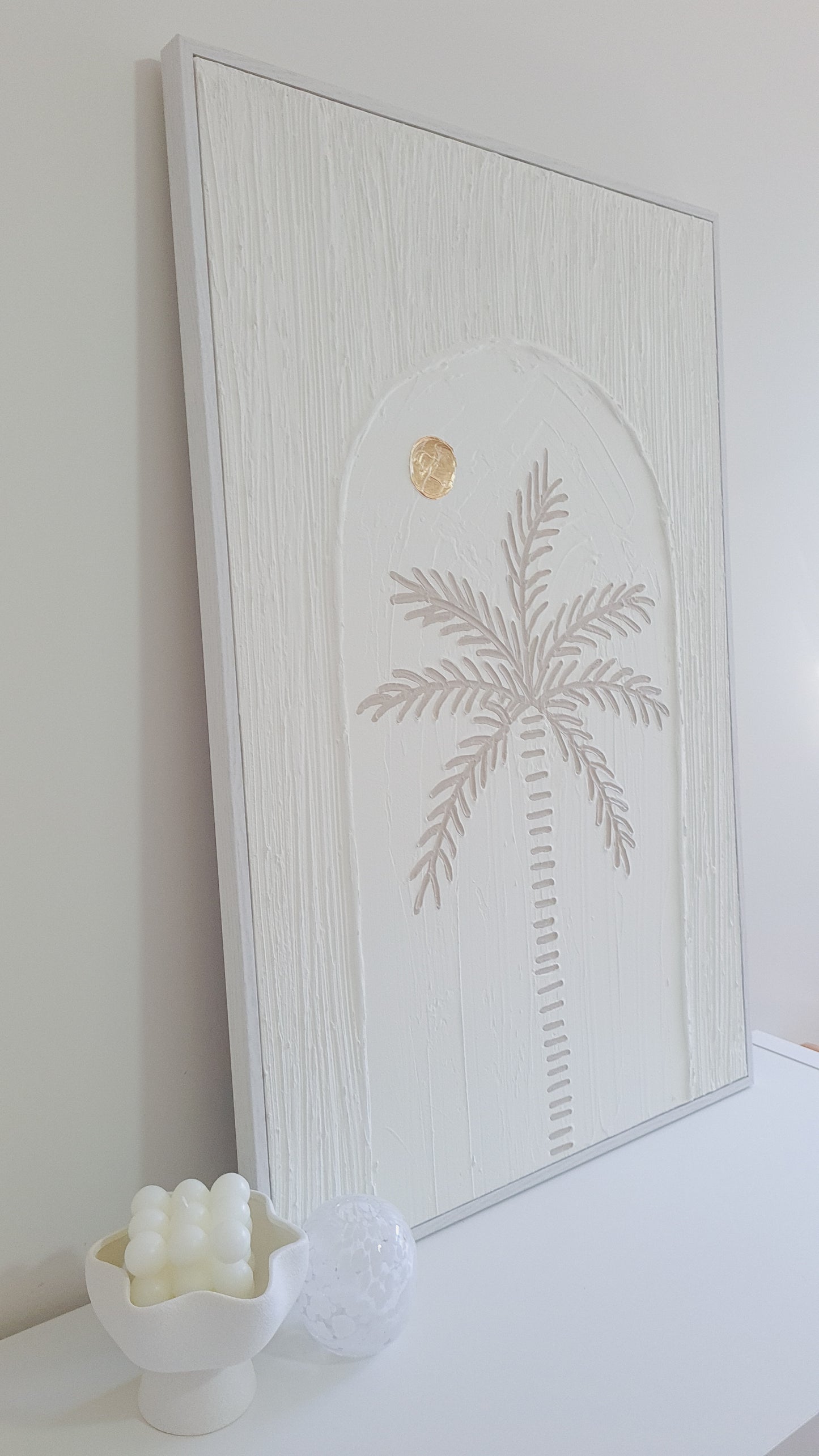 Textured Art Palm Tree Coastal Decor Canvas White Frame | 90 x 60cm