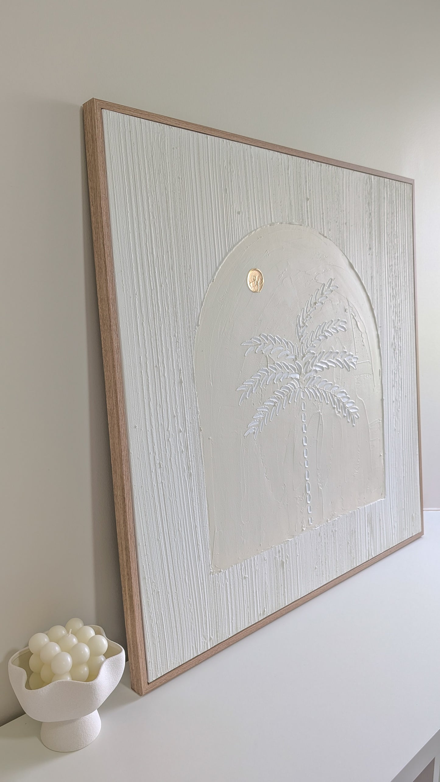 Coastal Palm Tree Sunset Arch Textured Wall Art | Coastal Artwork in Neutral - Cream - 80x80cm