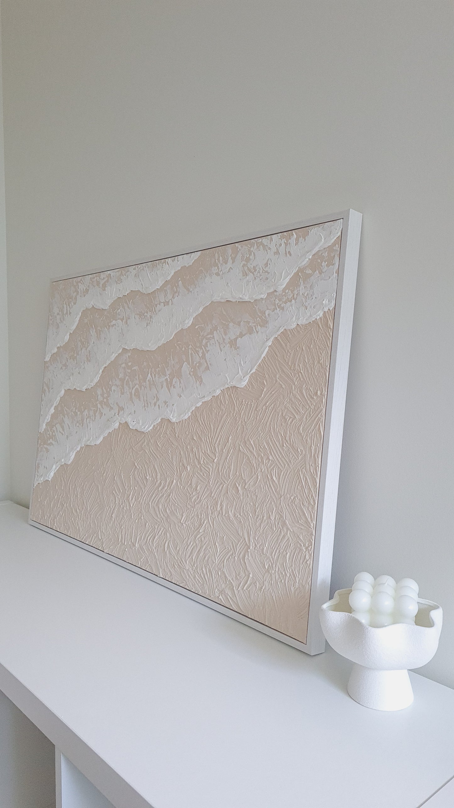 Textured Art Ocean Waves Beach Canvas White Framed | 90 x 60cm