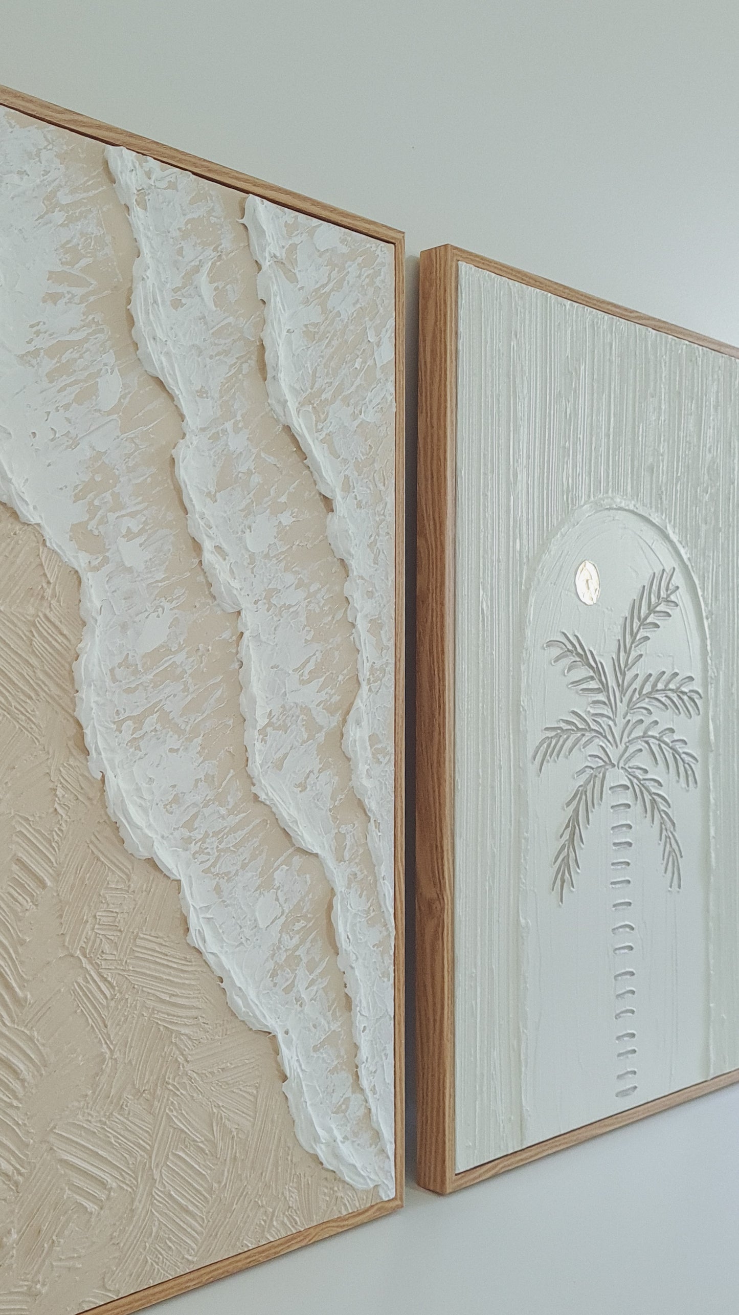 Textured Art Ocean Waves and Palm Tree Set of 2