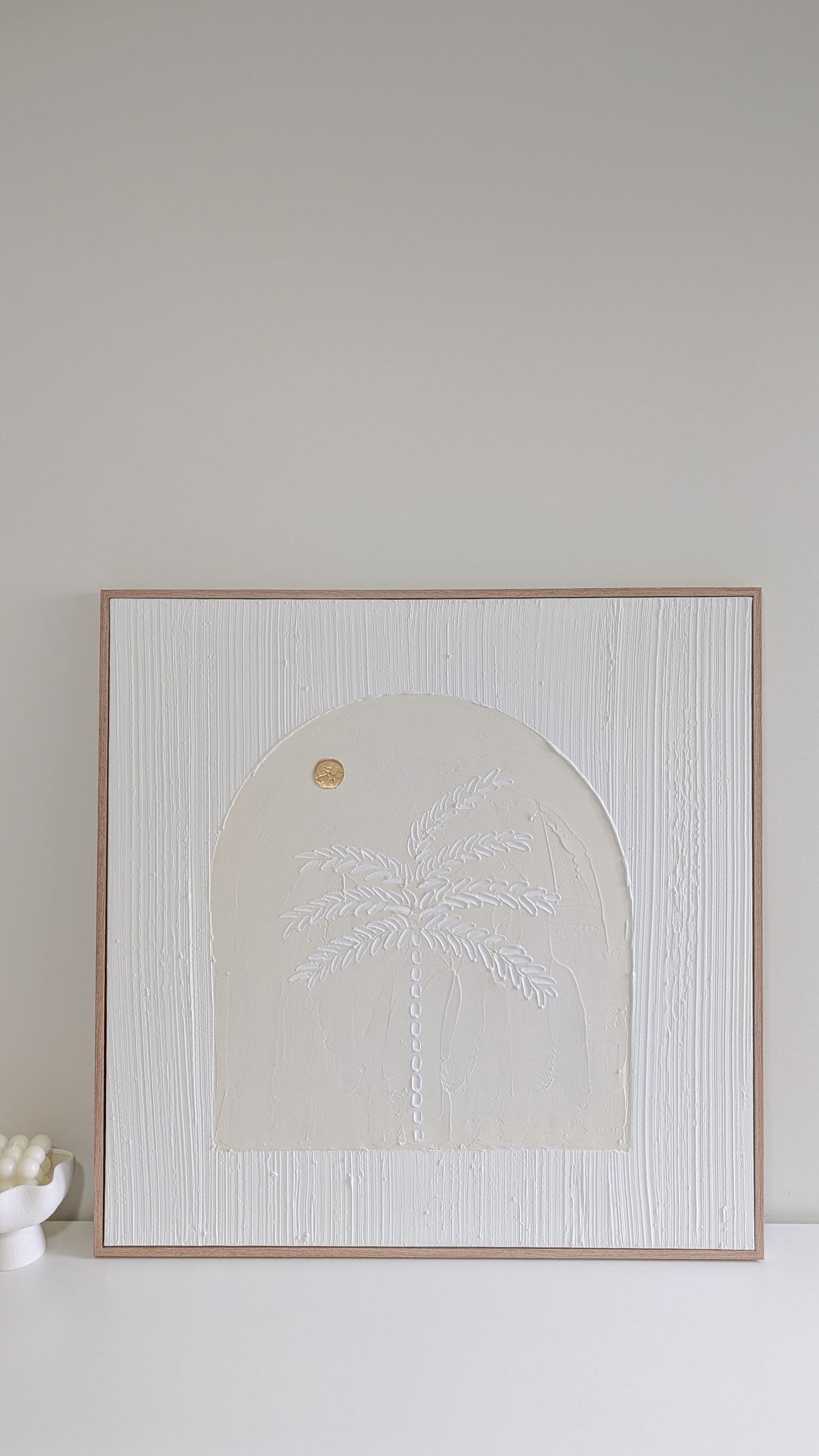 Coastal Palm Tree Sunset Arch Textured Wall Art | Coastal Artwork in Neutral - Cream - 80x80cm