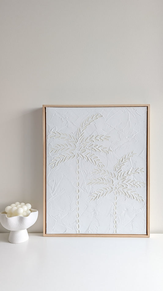 White coastal textured wall art framed in natural pinewood, hung near a bright window – handmade by Australian artist Christen Rose