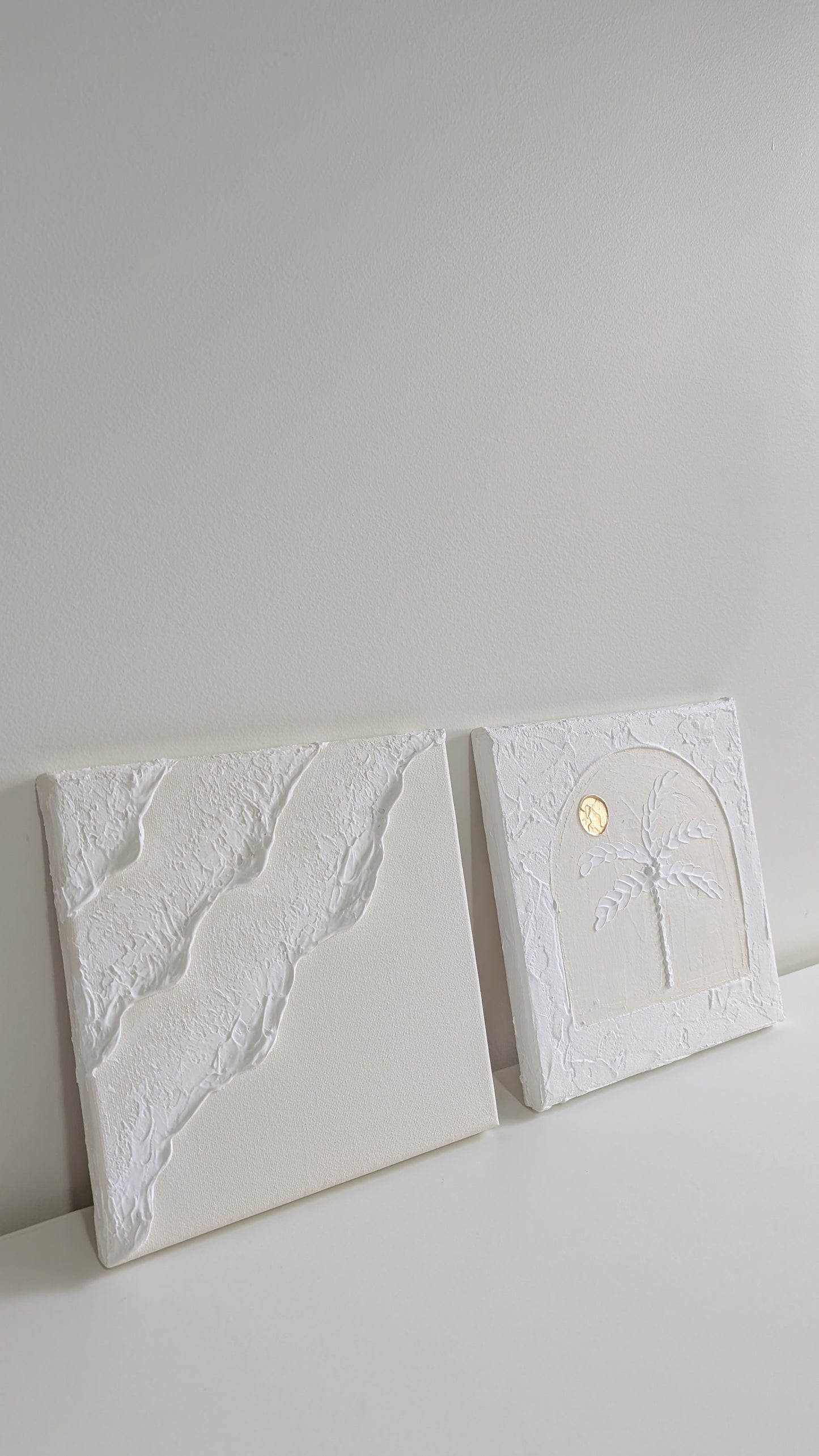Textured Art Duo Ocean Waves & Palm Tree Golden Sunset Wall Art Minis Cream & White Set of 2 - 20x20cm | Coastal Collection |
