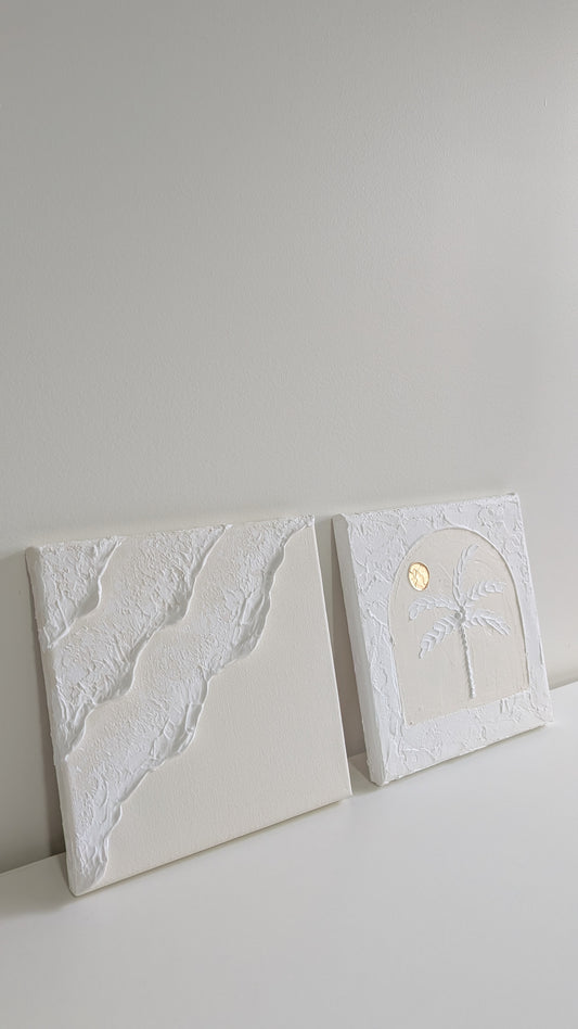 Textured Art Duo Ocean Waves & Palm Tree Golden Sunset Wall Art Minis Cream & White Set of 2 - 20x20cm | Coastal Collection |