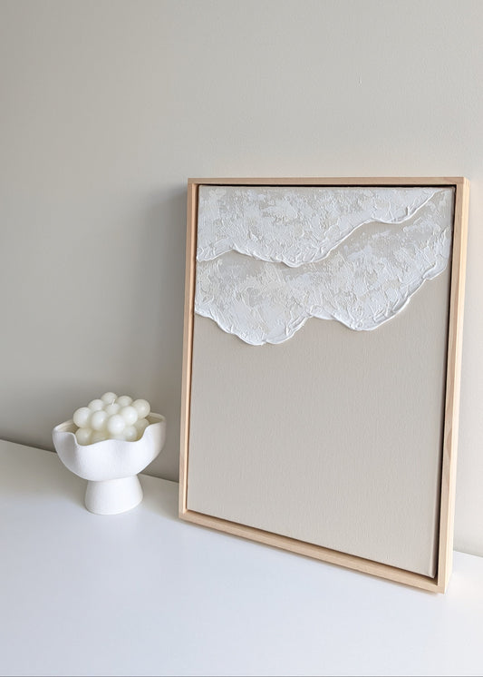 Neutral Ocean Waves Textured Wall Art – Coastal Beach House Artwork in Pinewood Frame 42x32cm