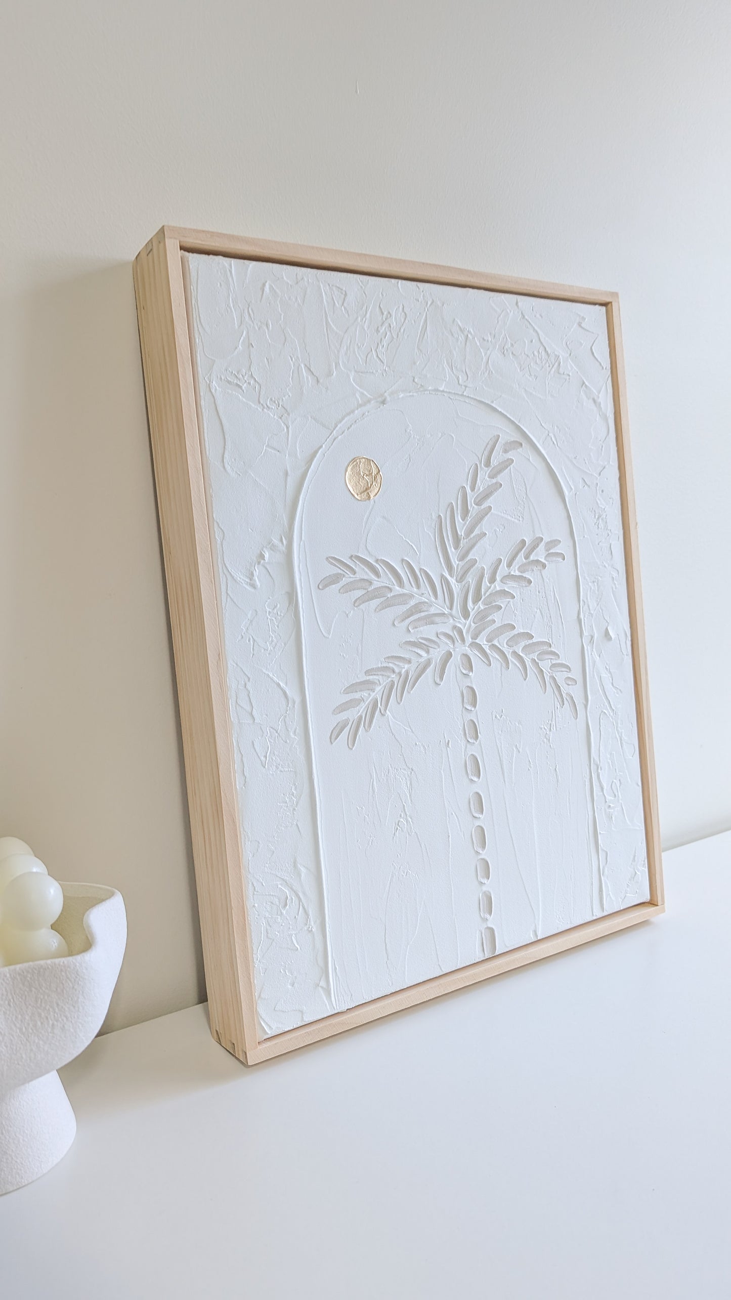 Coastal Palm Tree Arch Golden Sunset Textured Wall Art – Coastal Beach House Artwork Light Beige & White 42x32cm | Coastal Collection |