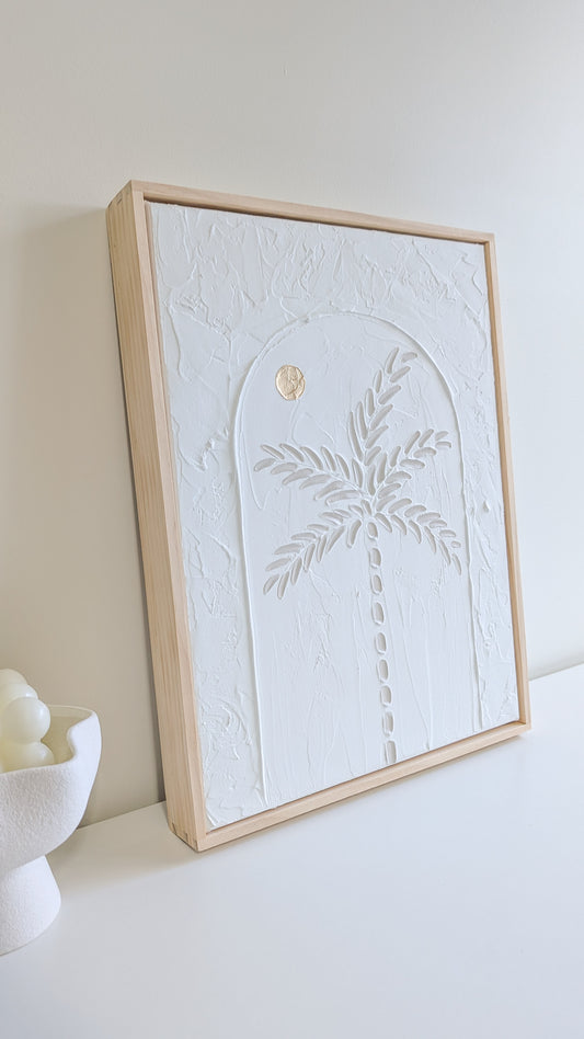 Coastal Palm Tree Arch Golden Sunset Textured Wall Art – Coastal Beach House Artwork Light Beige & White 42x32cm | Coastal Collection |