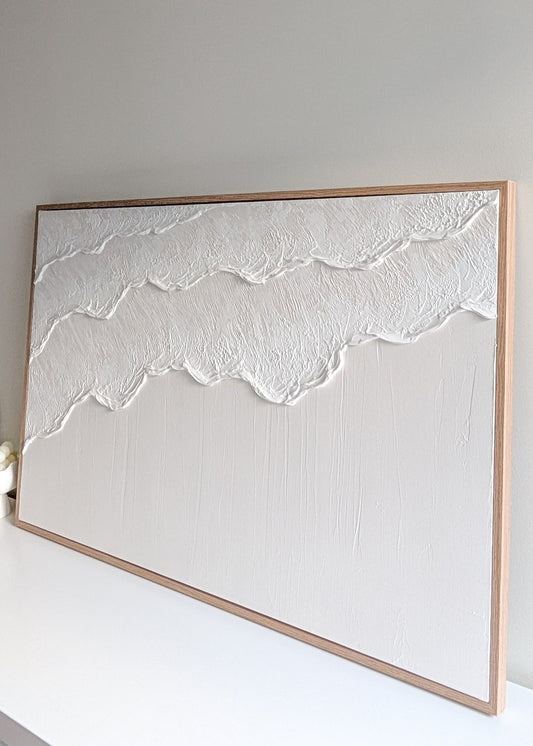 Framed artwork of wavy lines on a plain wall