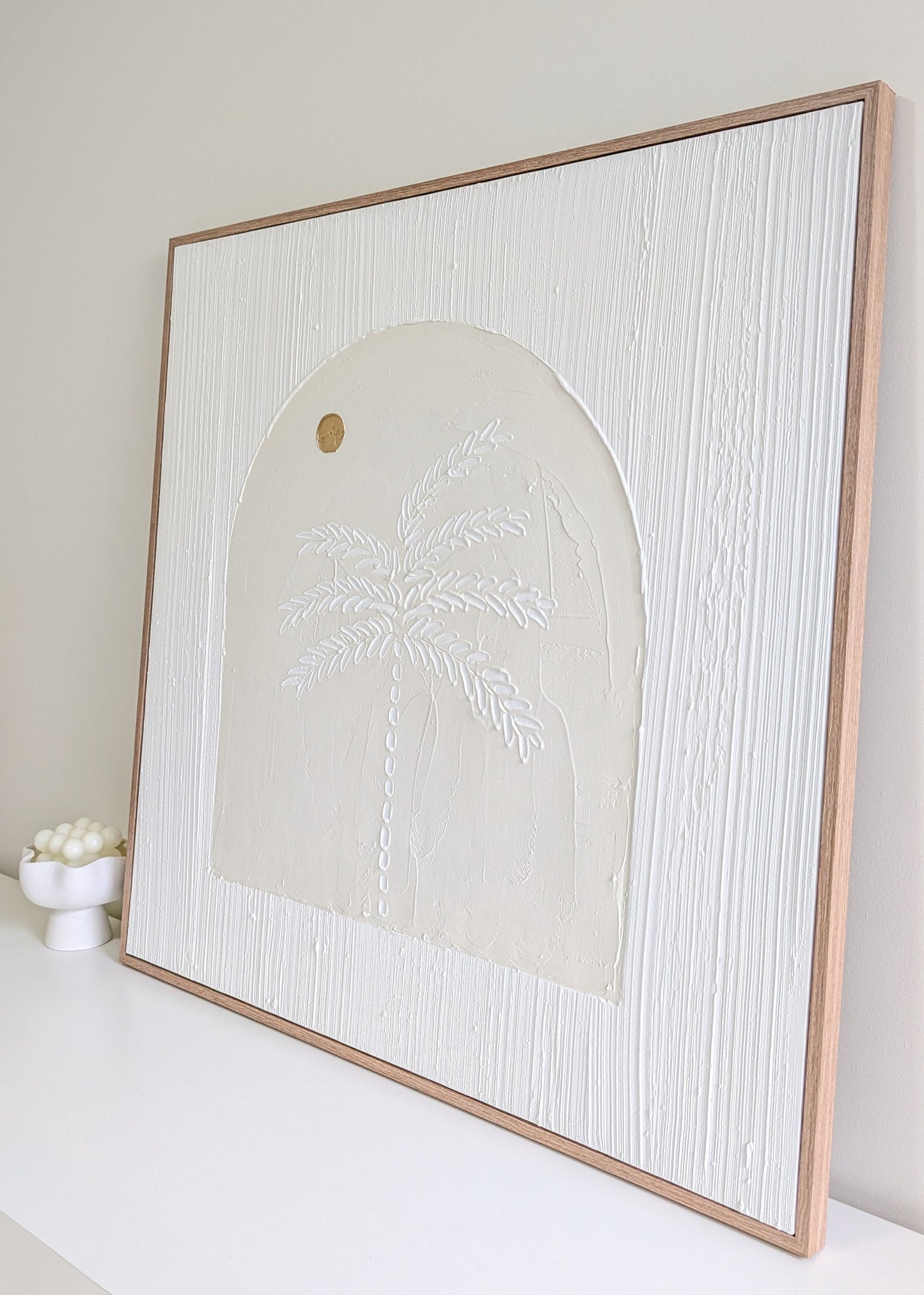 Coastal Palm Tree Sunset Arch Textured Wall Art | Coastal Artwork in Neutral - Cream - 80x80cm