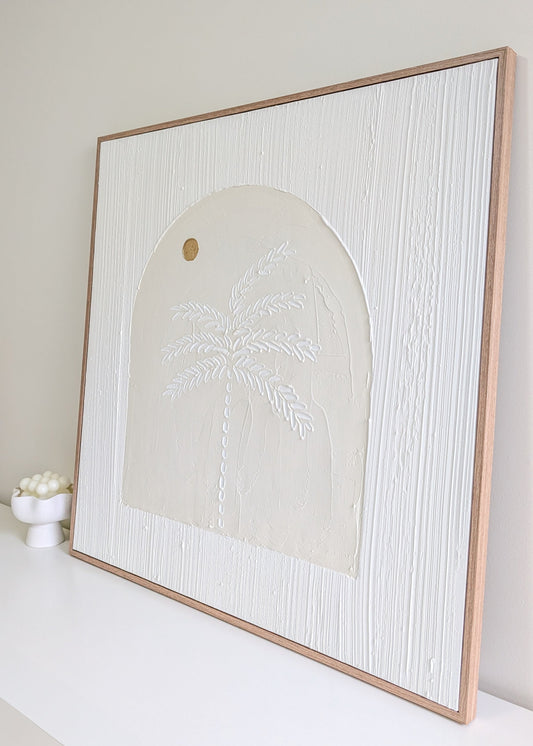 Coastal Palm Tree Sunset Arch Textured Wall Art | Coastal Artwork in Neutral - Cream - 80x80cm