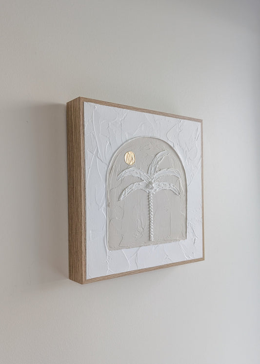 Side profile of palm tree textured artwork showing raised design and timber frame