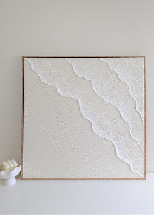 Ocean Waves Textured Wall Art | Coastal Artwork in Neutral - Cream - 80x80cm
