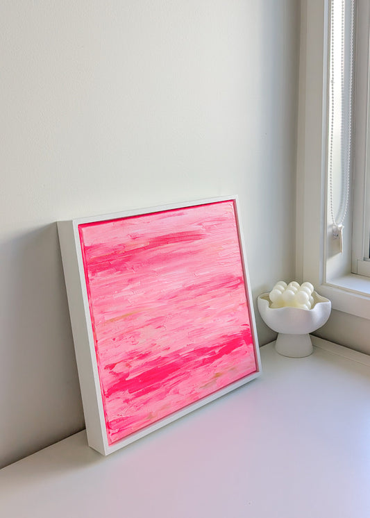 Abstract Textured Wall Art – Hot Pink in Washed White Frame, 31.5x31.5cm