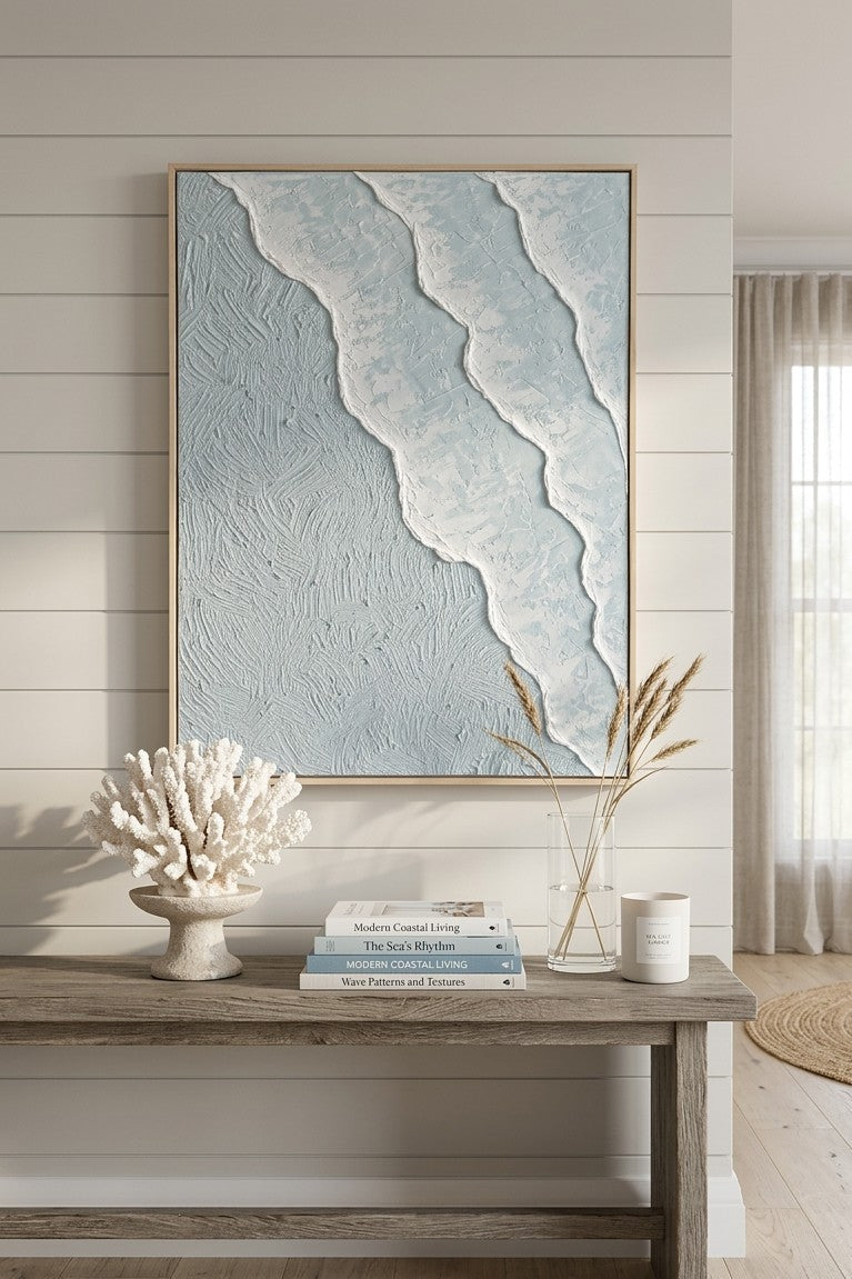 Textured Art Blue Ocean Waves Wall Art – Coastal Beach House Artwork 82x62cm | Coastal Collection |