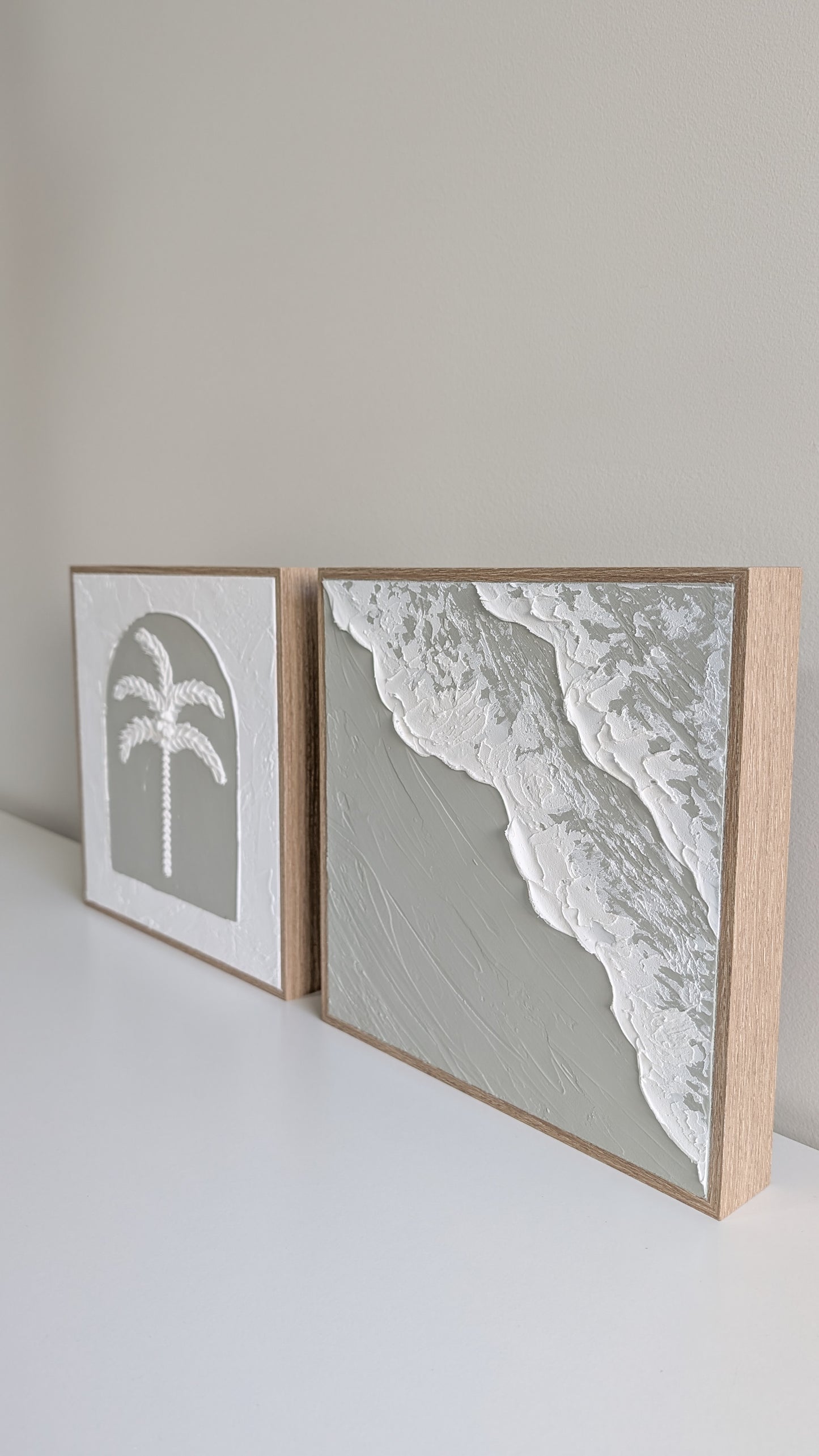 Coastal Ocean Wave & Palm Tree Textured Wall Art – Sage Green Tropical Decor | Set of 2 | 25x25cm