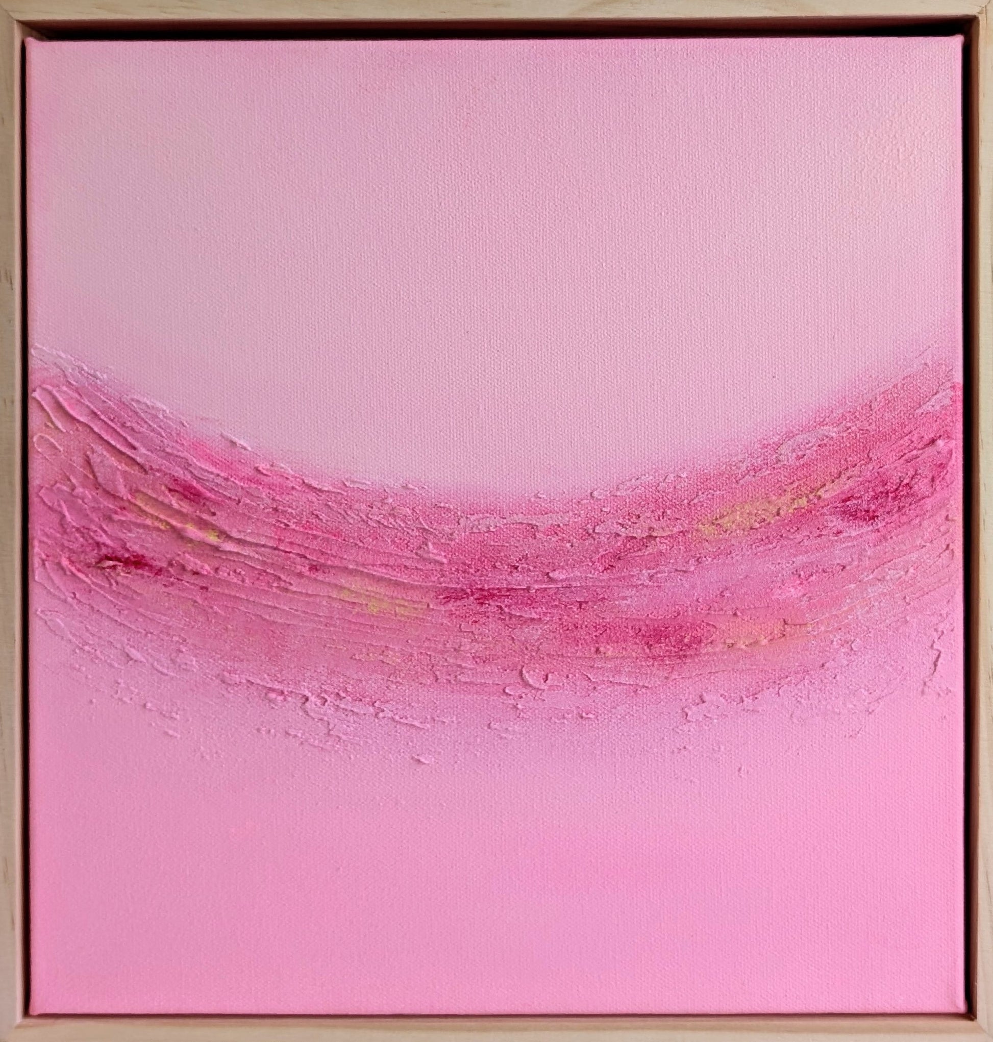 Front view of "Blush Horizon" – pink abstract textured painting with curved brushstrokes, framed in pinewood, original art by Christen Rose.