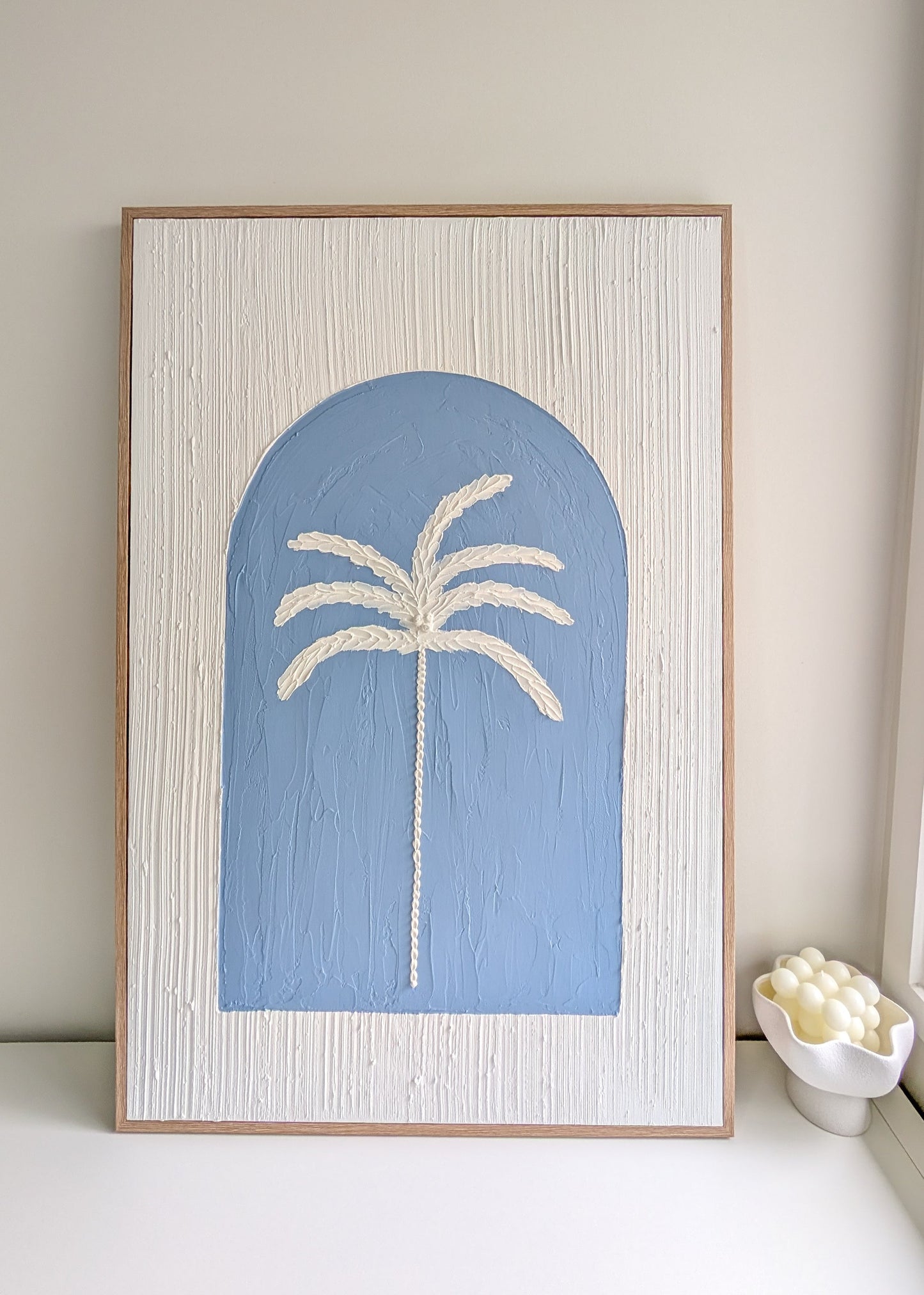 Coastal Blue Palm Tree Arch Textured Wall Art | Coastal Artwork in Blue 90x60cm