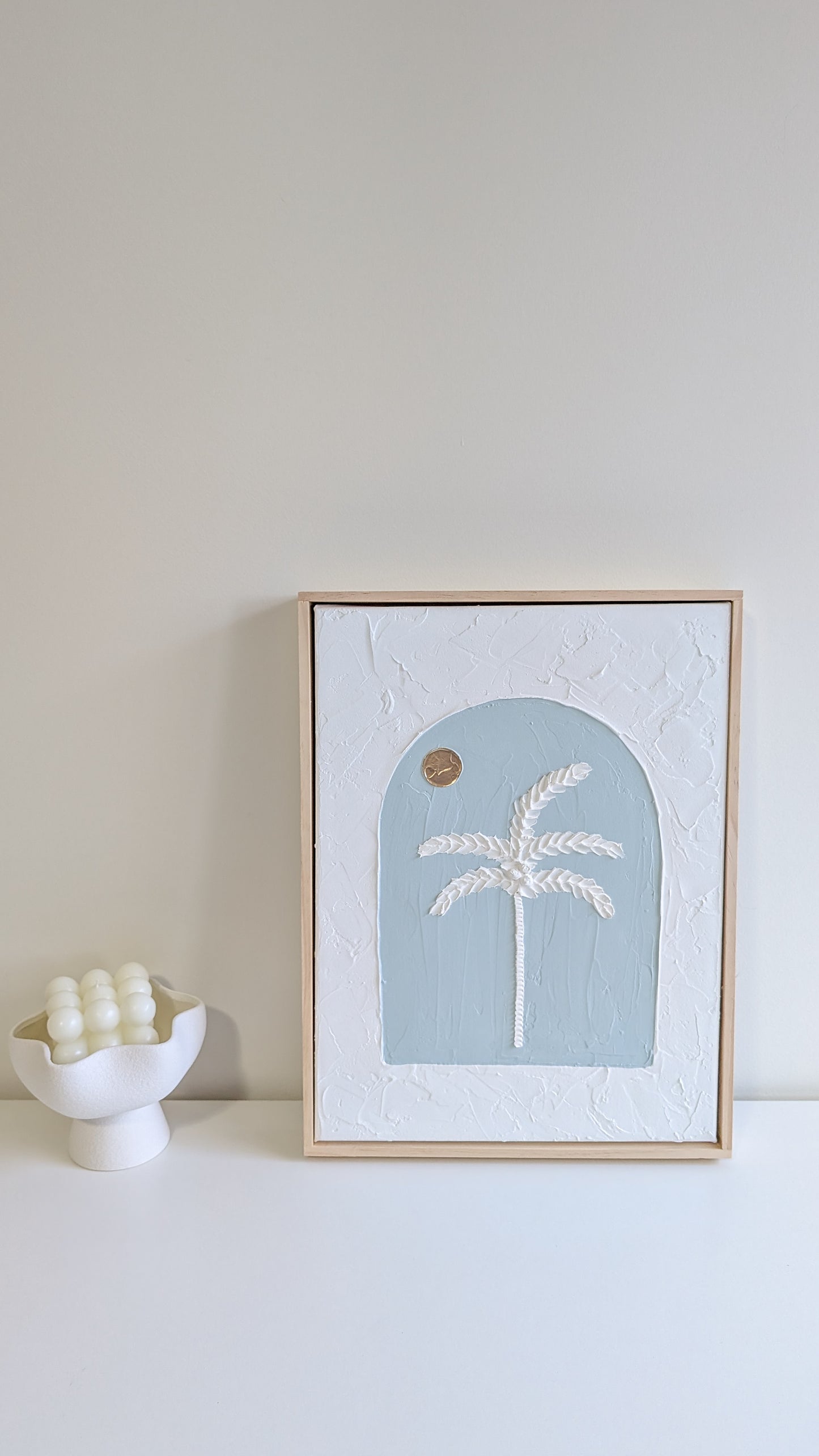 Coastal Palm Tree Arch Golden Sunset Textured Wall Art – Coastal Beach House Artwork Light Blue 42x32cm | Coastal Collection |
