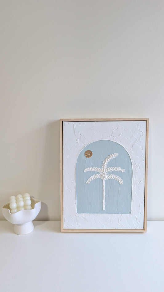 Coastal Palm Tree Arch Golden Sunset Textured Wall Art – Coastal Beach House Artwork Light Blue 42x32cm | Coastal Collection |
