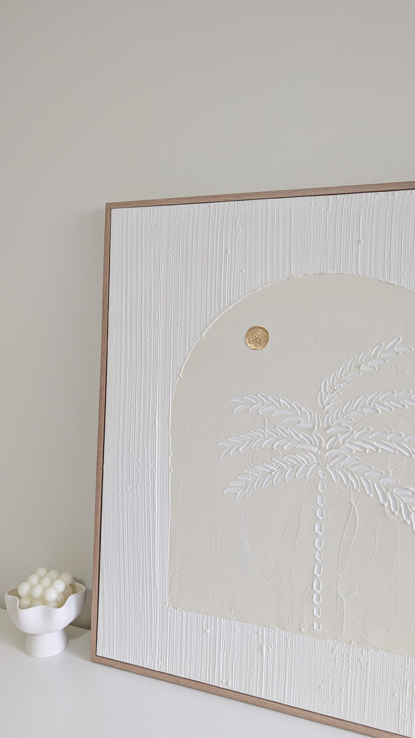 Coastal Palm Tree Sunset Arch Textured Wall Art | Coastal Artwork in Neutral - Cream - 80x80cm