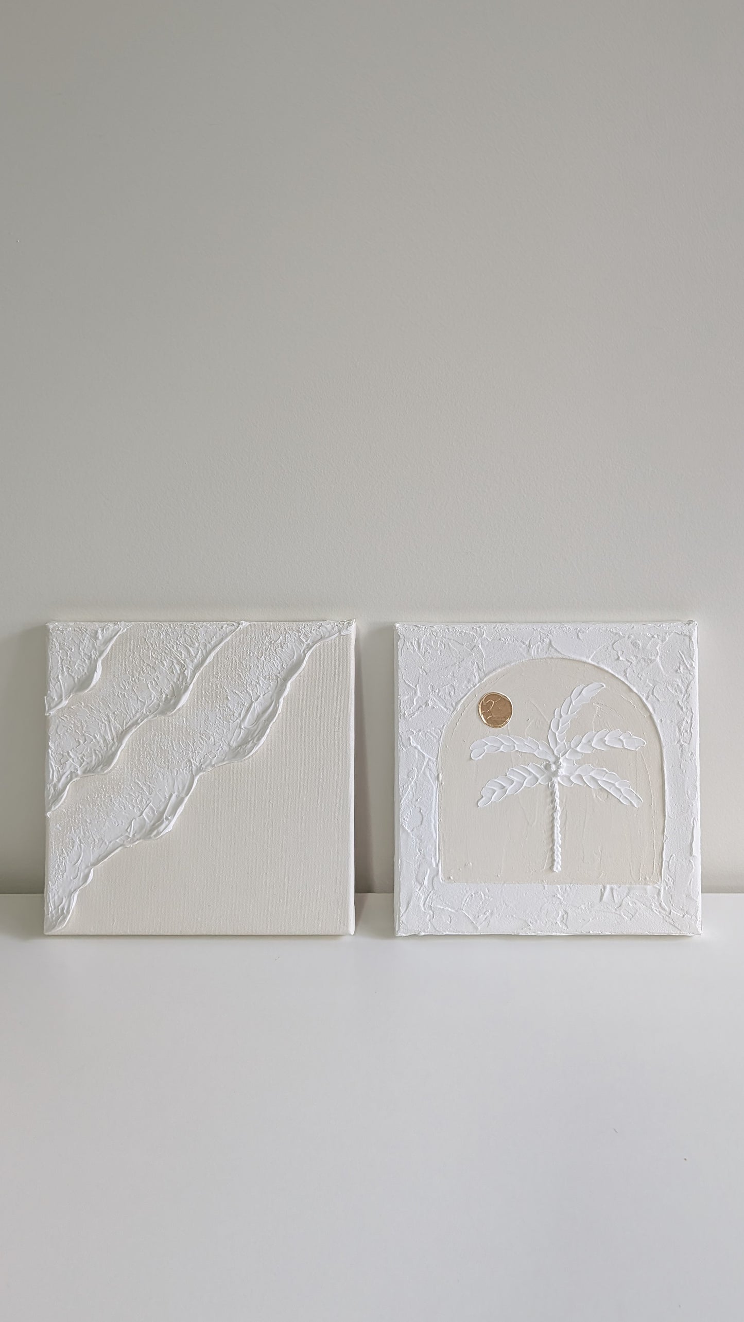 Textured Art Duo Ocean Waves & Palm Tree Golden Sunset Wall Art Minis Cream & White Set of 2 - 20x20cm | Coastal Collection |
